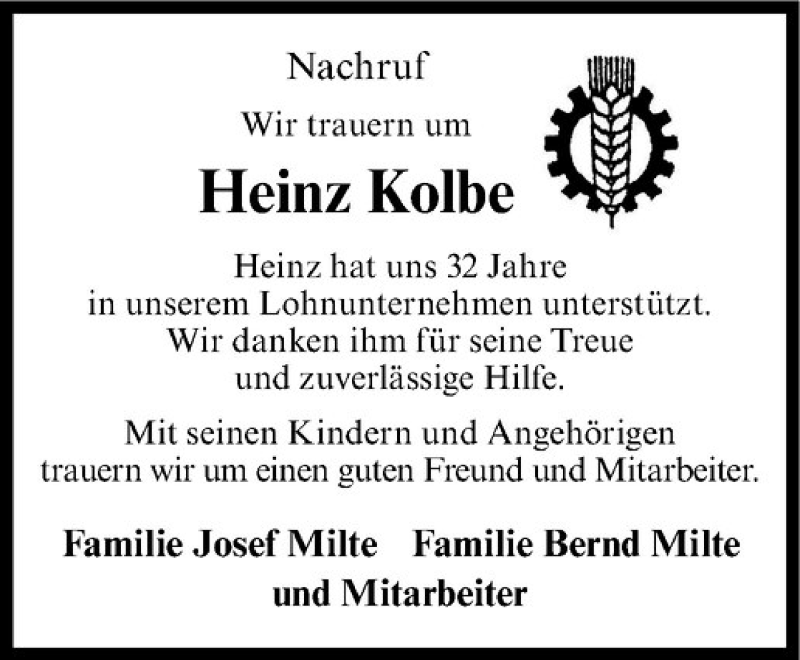  Traueranzeige für Heinrich Kolbe vom 16.10.2014 aus Westfälische Nachrichten
