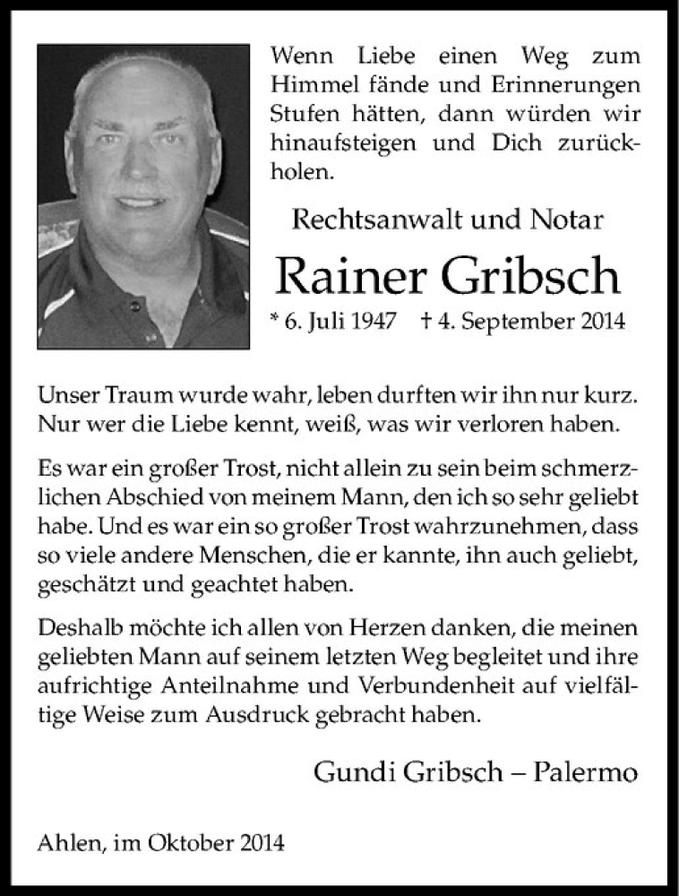  Traueranzeige für Rainer Gribsch vom 17.10.2014 aus Westfälische Nachrichten