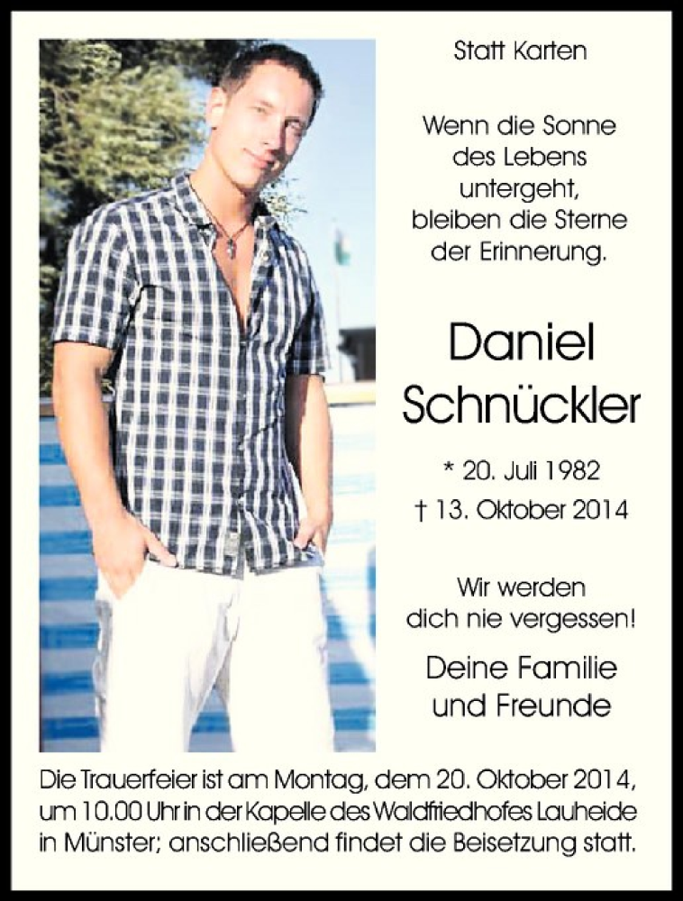  Traueranzeige für Daniel Schnückler vom 18.10.2014 aus Westfälische Nachrichten