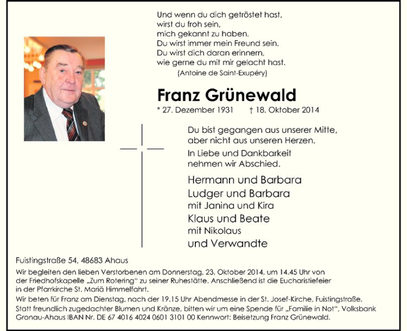  Traueranzeige für Franz Grünewald vom 21.10.2014 aus Westfälische Nachrichten