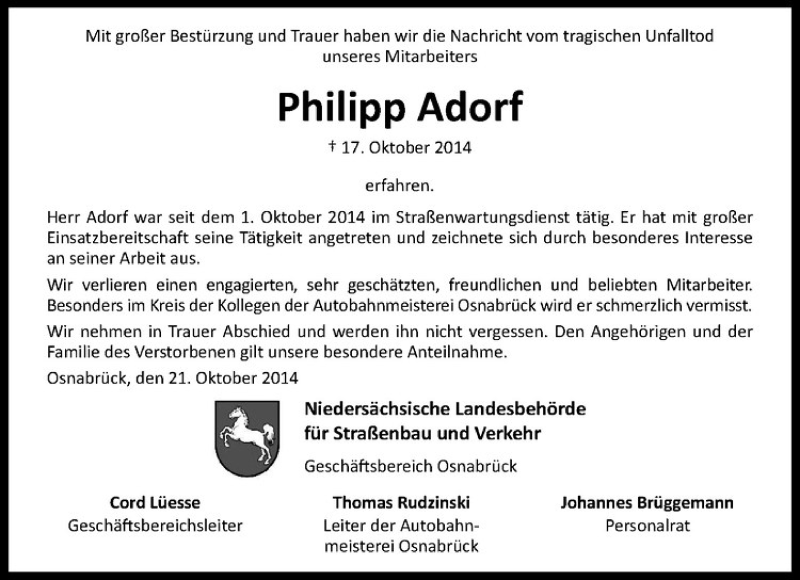  Traueranzeige für Philipp Adorf vom 22.10.2014 aus Westfälische Nachrichten