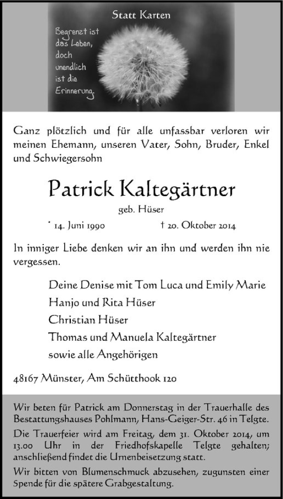  Traueranzeige für Patrick Kaltegärtner vom 22.10.2014 aus Westfälische Nachrichten