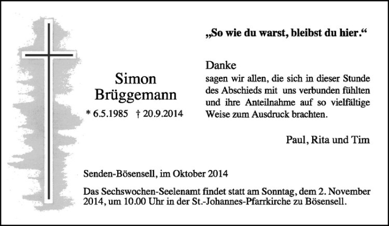  Traueranzeige für Simon Brüggemann vom 25.10.2014 aus Westfälische Nachrichten