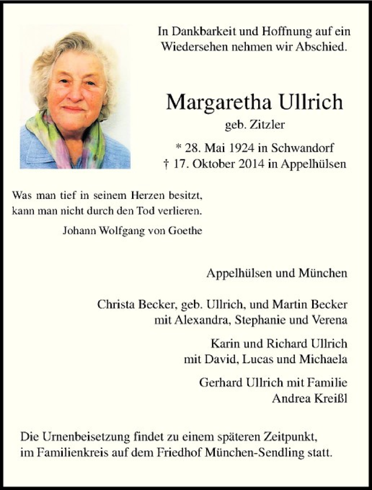  Traueranzeige für Margaretha Ullrich vom 25.10.2014 aus Westfälische Nachrichten