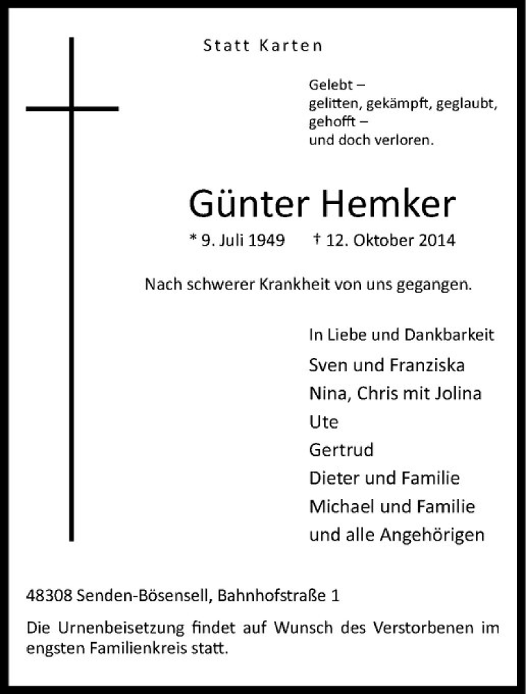  Traueranzeige für Günter Hemker vom 25.10.2014 aus Westfälische Nachrichten