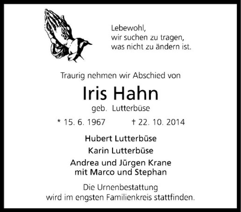  Traueranzeige für Iris Hahn vom 25.10.2014 aus Westfälische Nachrichten