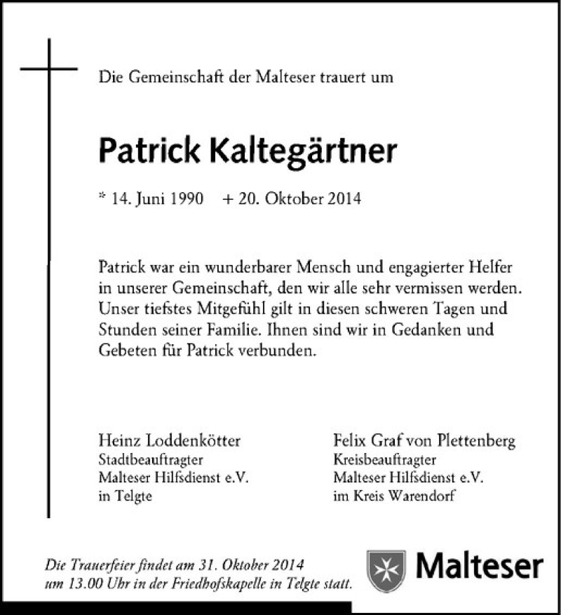  Traueranzeige für Patrick Kaltegärtner vom 27.10.2014 aus Westfälische Nachrichten