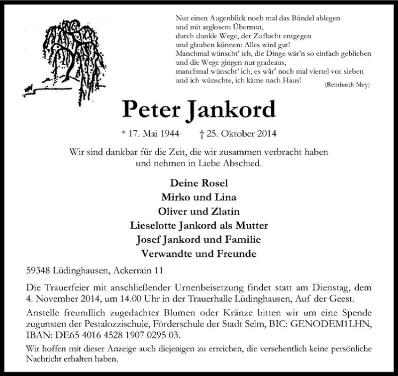  Traueranzeige für Peter Jankord vom 29.10.2014 aus Westfälische Nachrichten