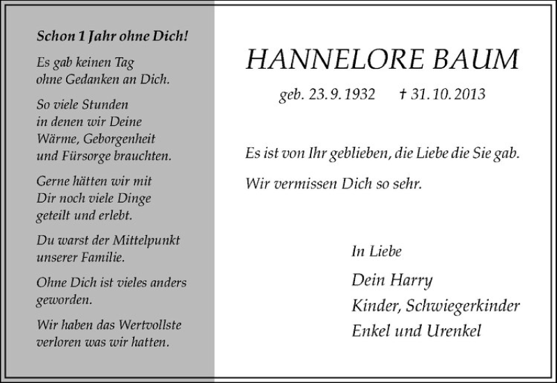  Traueranzeige für Hannelore Baum vom 31.10.2014 aus Westfälische Nachrichten