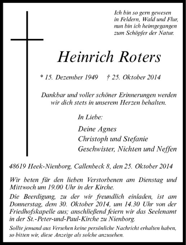  Traueranzeige für Heinrich Roters vom 28.10.2014 aus Westfälische Nachrichten