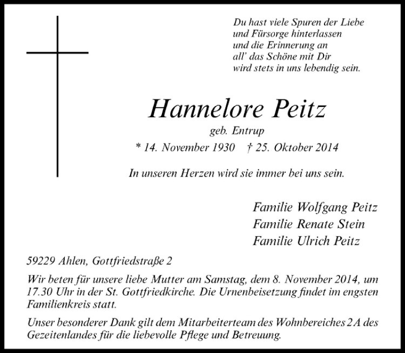  Traueranzeige für Hannelore Peitz vom 29.10.2014 aus Westfälische Nachrichten
