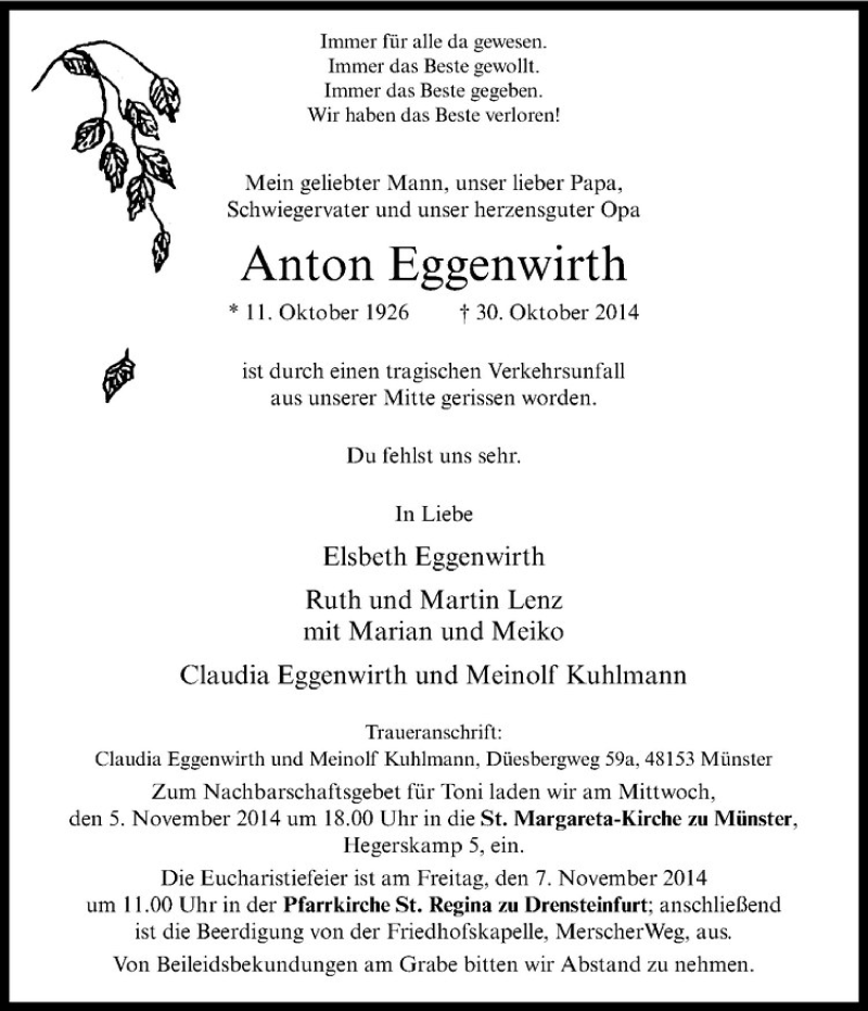  Traueranzeige für Anton Eggenwirth vom 03.11.2014 aus Westfälische Nachrichten