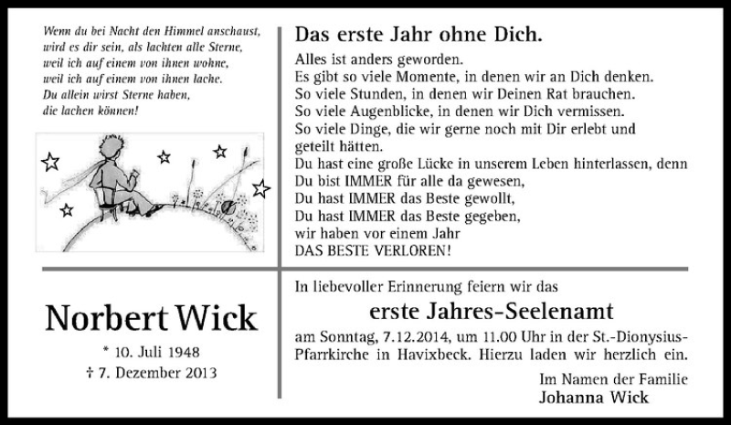  Traueranzeige für Norbert Wick vom 29.11.2014 aus Westfälische Nachrichten