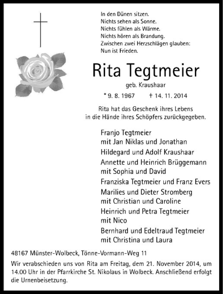  Traueranzeige für Rita Tegtmeier vom 19.11.2014 aus Westfälische Nachrichten