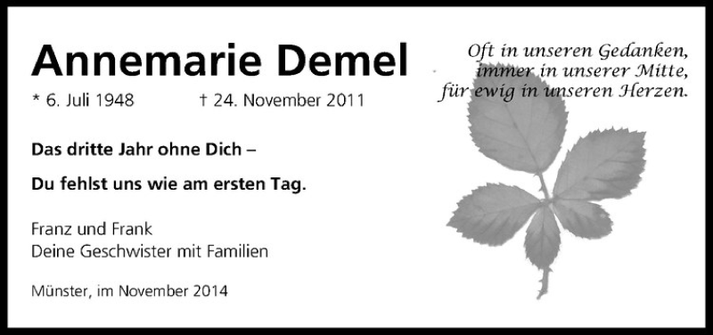  Traueranzeige für Annemarie Demel vom 22.11.2014 aus Westfälische Nachrichten