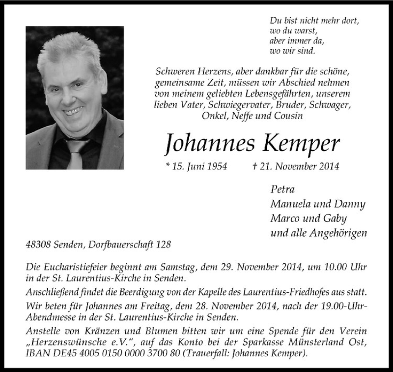  Traueranzeige für Johannes Kemper vom 25.11.2014 aus Westfälische Nachrichten