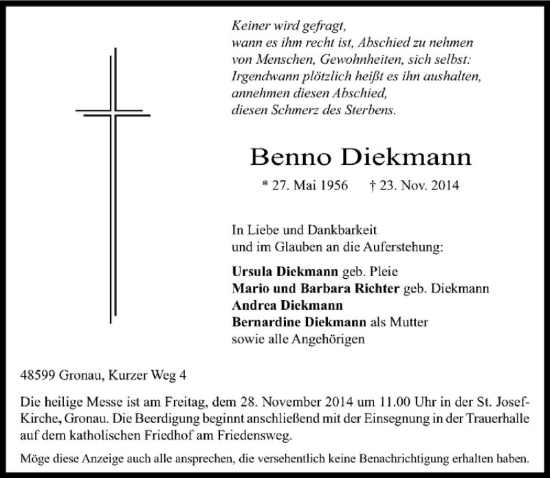  Traueranzeige für Benno Diekmann vom 26.11.2014 aus Westfälische Nachrichten