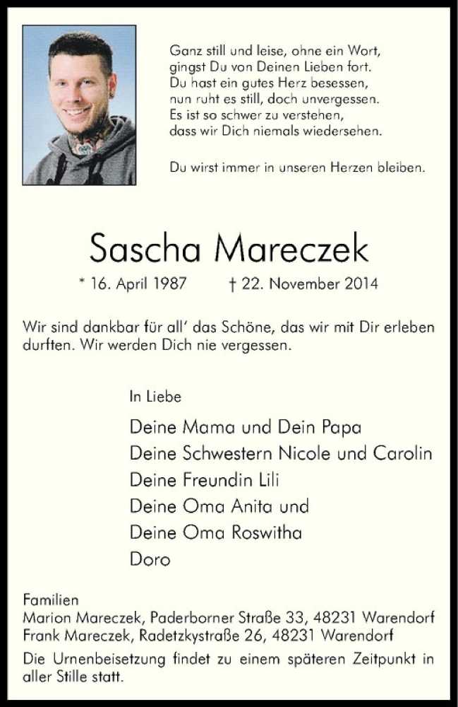  Traueranzeige für Sascha Mareczek vom 26.11.2014 aus Westfälische Nachrichten