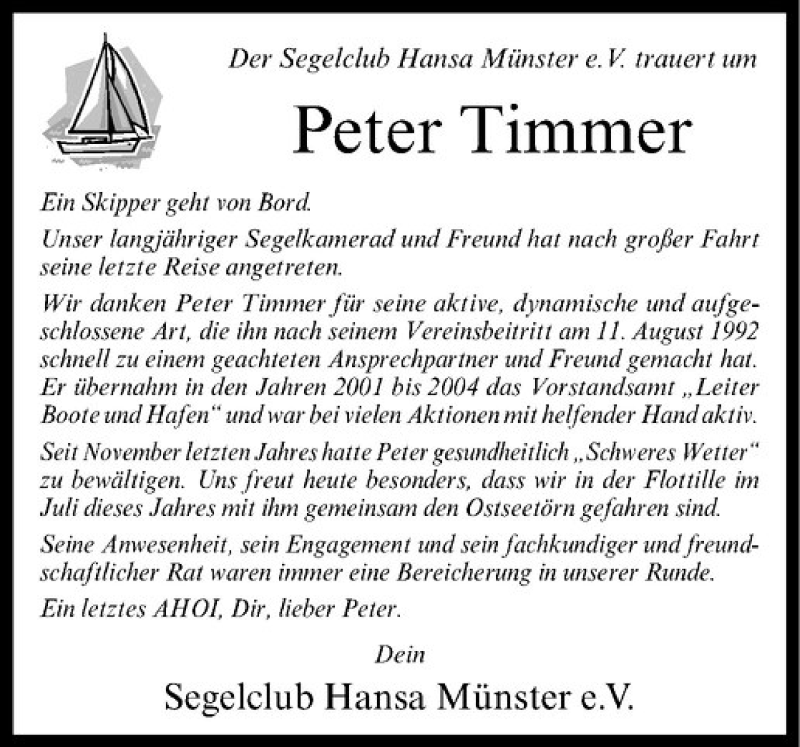  Traueranzeige für Peter Timmer vom 29.11.2014 aus Westfälische Nachrichten