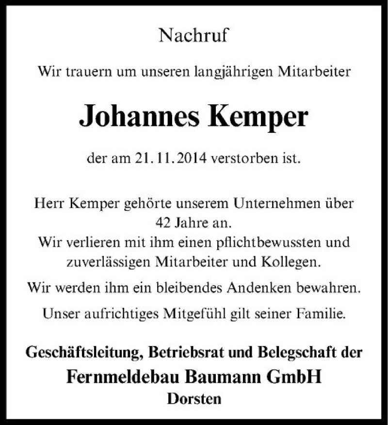  Traueranzeige für Johannes Kemper vom 02.12.2014 aus Westfälische Nachrichten