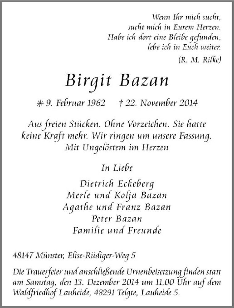  Traueranzeige für Birgit Bazan vom 06.12.2014 aus Westfälische Nachrichten