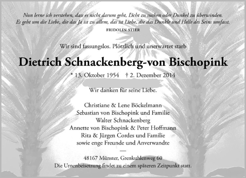  Traueranzeige für Dietrich Schnackenberg-von Bischopink vom 06.12.2014 aus Westfälische Nachrichten