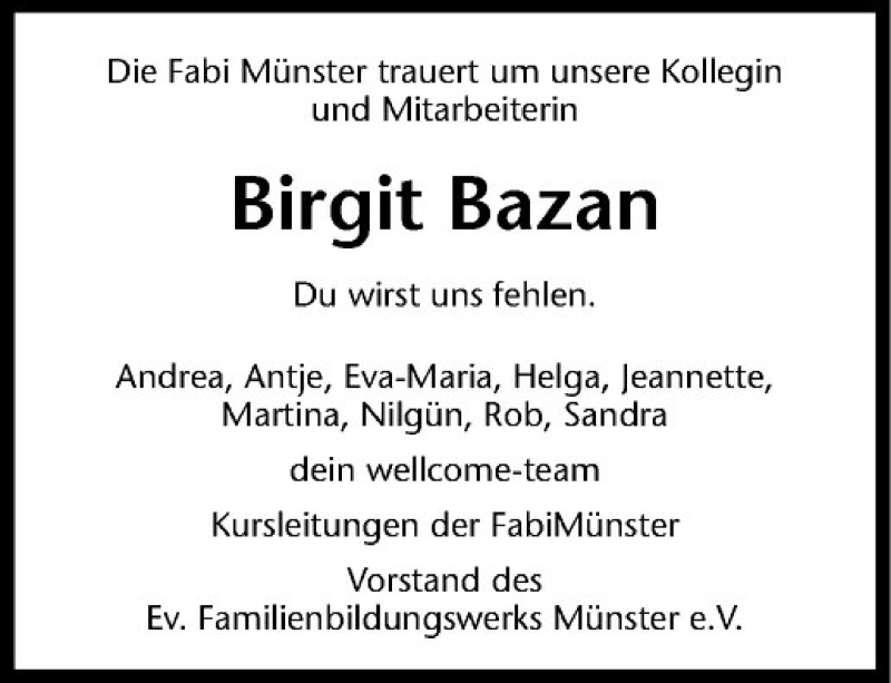  Traueranzeige für Birgit Bazan vom 10.12.2014 aus Westfälische Nachrichten