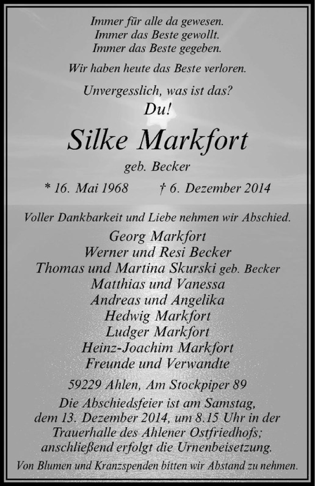  Traueranzeige für Silke Markfort vom 09.12.2014 aus Westfälische Nachrichten