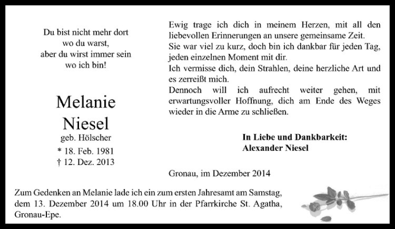  Traueranzeige für Melanie Niesel vom 10.12.2014 aus Westfälische Nachrichten