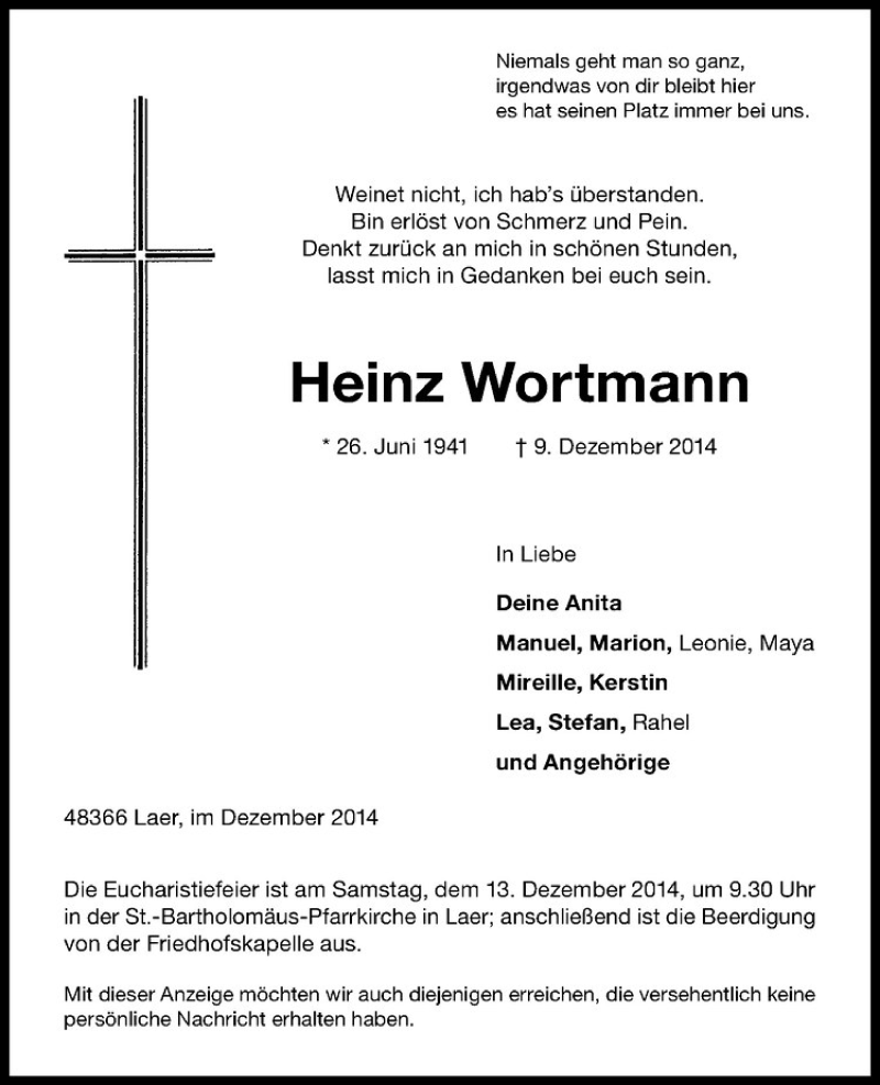  Traueranzeige für Heinz Wortmann vom 11.12.2014 aus Westfälische Nachrichten