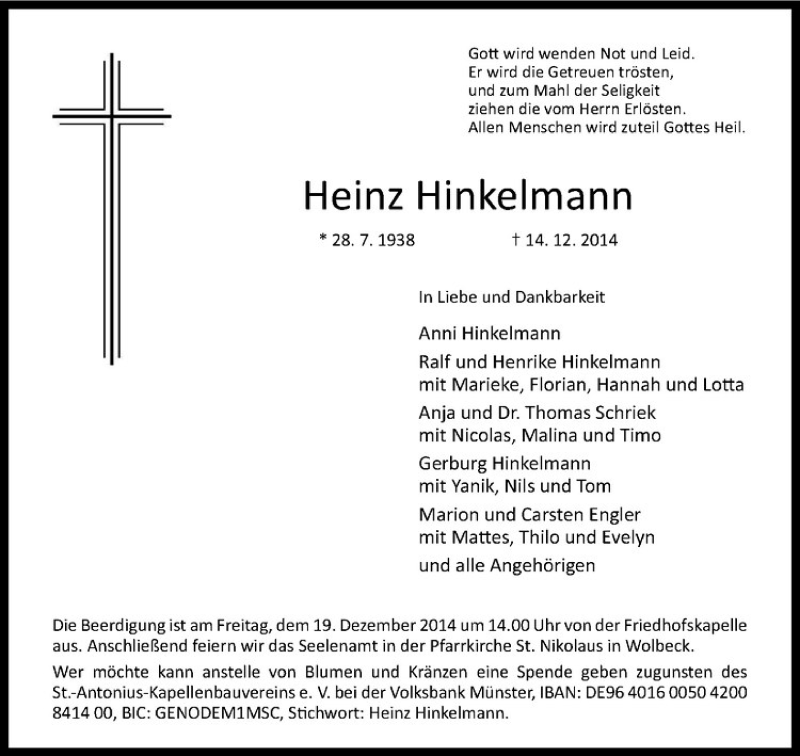  Traueranzeige für Heinz Hinkelmann vom 17.12.2014 aus Westfälische Nachrichten