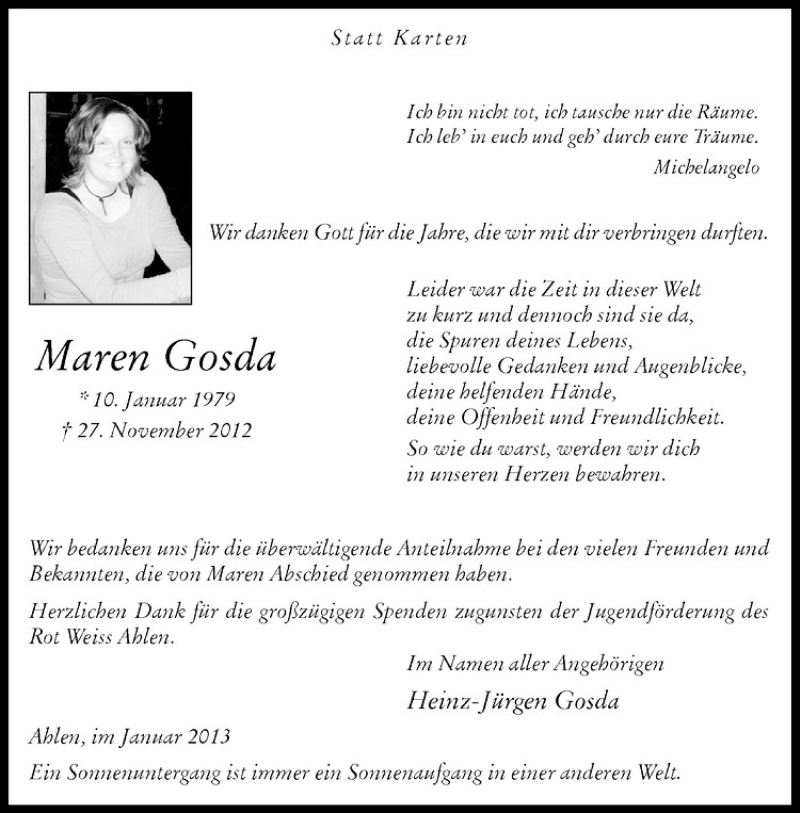  Traueranzeige für Maren Gosda vom 26.01.2013 aus Westfälische Nachrichten