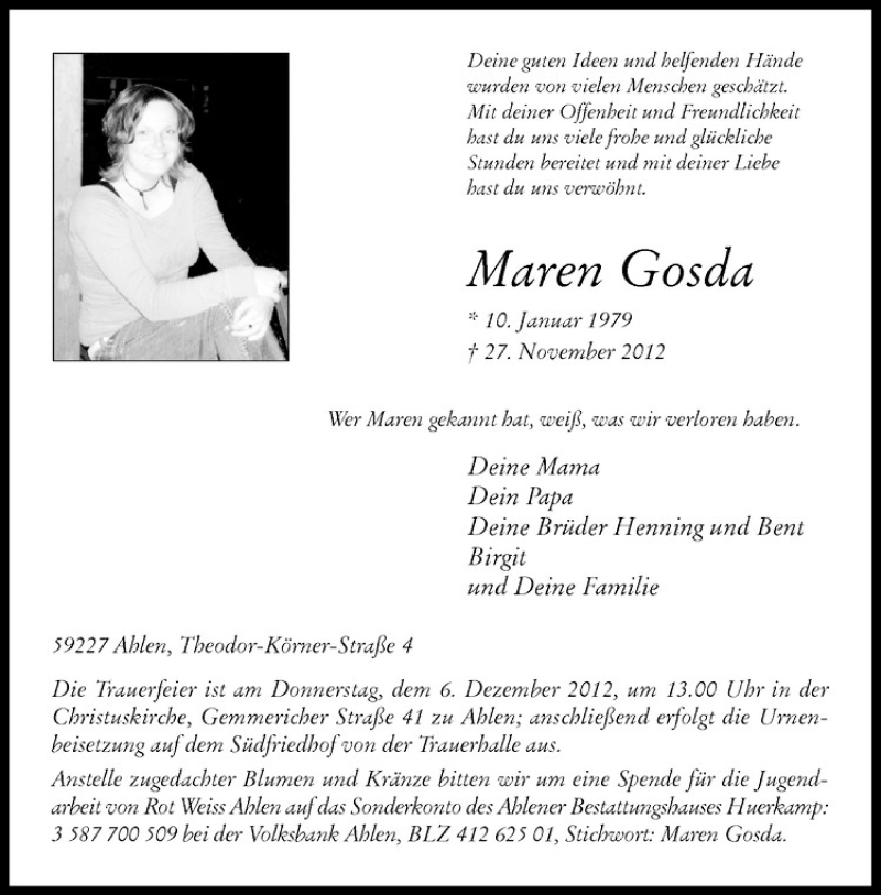  Traueranzeige für Maren Gosda vom 01.12.2012 aus Westfälische Nachrichten