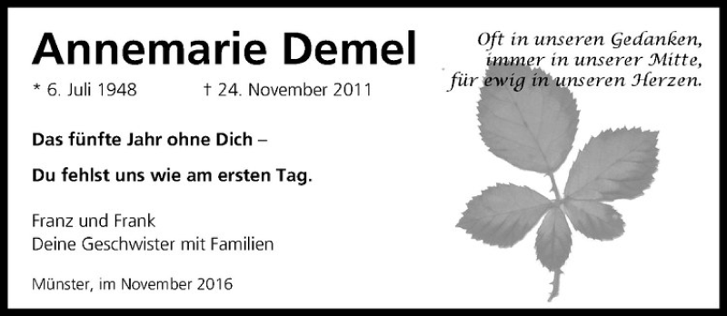  Traueranzeige für Annemarie Demel vom 26.11.2016 aus Westfälische Nachrichten