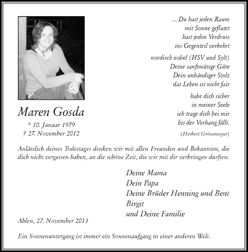  Traueranzeige für Maren Gosda vom 28.11.2013 aus Westfälische Nachrichten