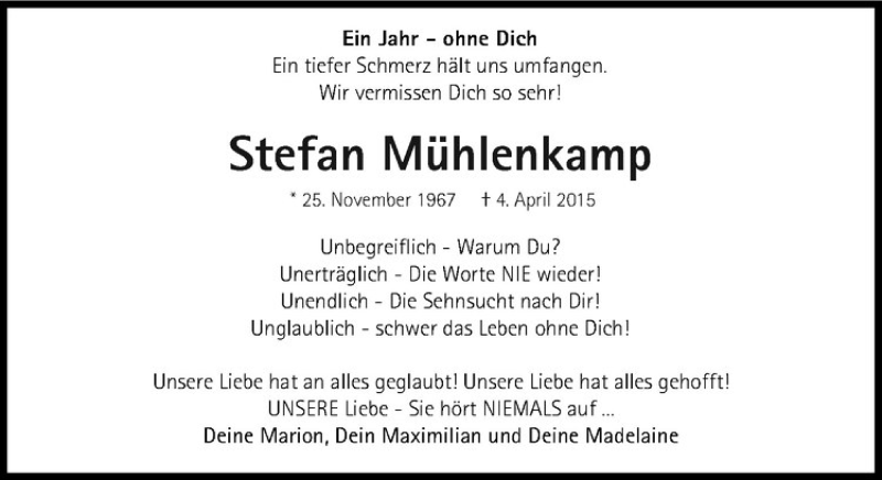  Traueranzeige für Stefan Mühlenkamp vom 04.04.2016 aus Westfälische Nachrichten