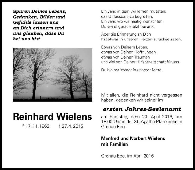  Traueranzeige für Reinhard Wielens vom 16.04.2016 aus Westfälische Nachrichten