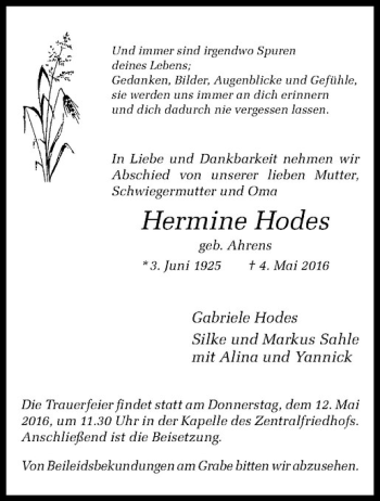 Anzeige von Hermine Hodes von Westfälische Nachrichten
