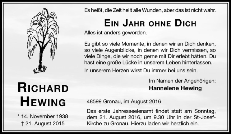 Traueranzeige für Richard Hewing vom 16.08.2016 aus Westfälische Nachrichten