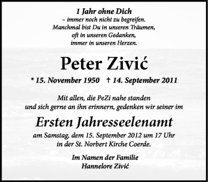  Traueranzeige für Peter Zivic vom 08.09.2012 aus Westfälische Nachrichten