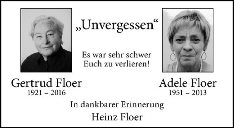  Traueranzeige für Adele Floer vom 25.08.2017 aus Westfälische Nachrichten