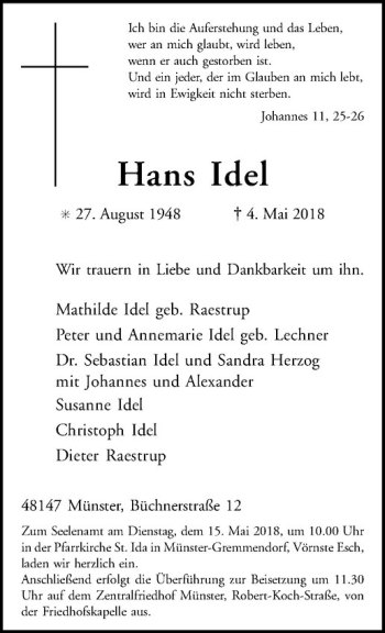 Anzeige von Hans Idel von Westfälische Nachrichten