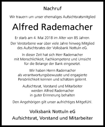 Anzeige von Alfred Rademacher von Westfälische Nachrichten