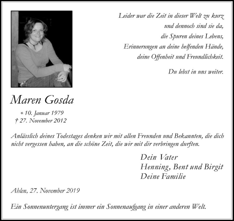  Traueranzeige für Maren Gosda vom 27.11.2019 aus Westfälische Nachrichten