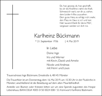 Anzeige von Karlheinz Bückmann von Westfälische Nachrichten