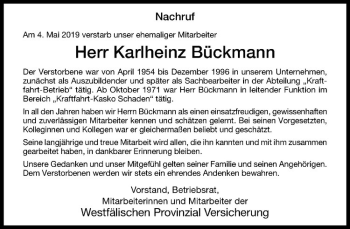 Anzeige von Karlheinz Bückmann von Westfälische Nachrichten