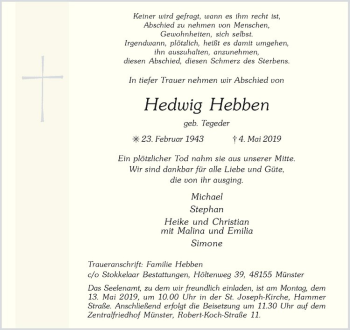 Anzeige von Hedwig Hebben von Westfälische Nachrichten