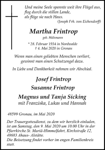 Anzeige von Martha Fintrop von Westfälische Nachrichten