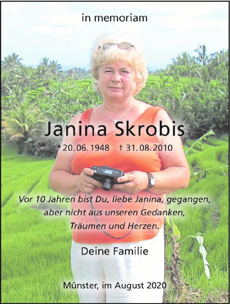  Traueranzeige für Janina Skrobis vom 29.08.2020 aus Westfälische Nachrichten
