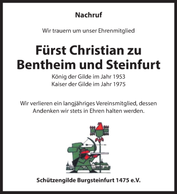 Anzeige von Fürst Christian zu Bentheim und Steinfurt  